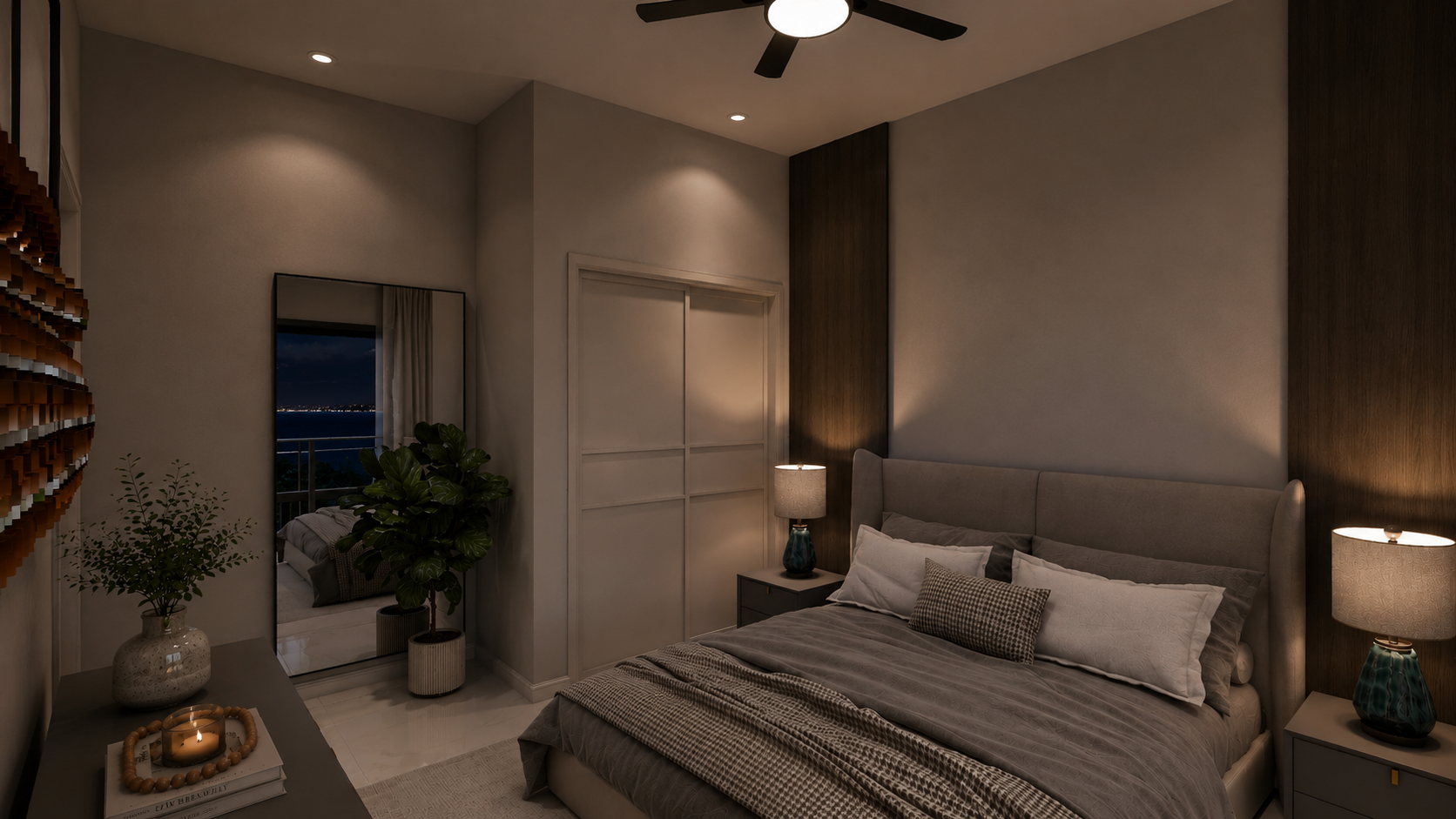 The Summit penthouse master bedroom, night